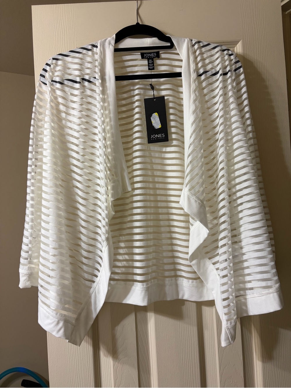Jones New York White Sheer Striped Open-Front Cardigan